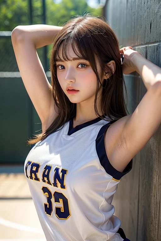 ​masterpiece、flat-colors、depth of fields、lens flare 1 girl、、Brown hair、watching at viewers, basketball uniform large size, big breasts　　　 　 Armpit sweat　perspiring　Side of both hands　　walls: 　Rat-colored eyes