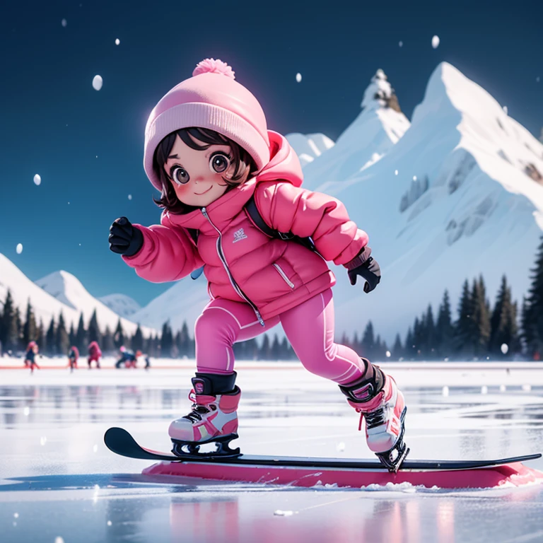 Girl ice skating on a frozen lake in winter Dark pink ski wear Figure skating Speed skating