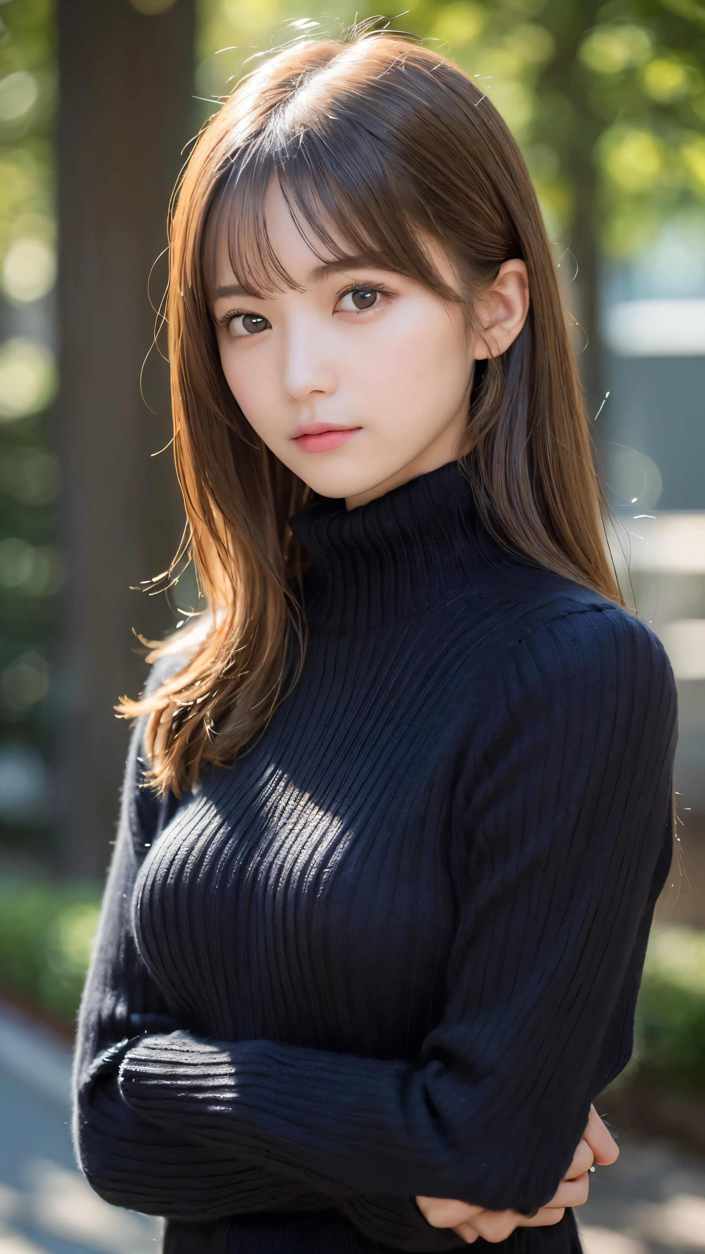 A woman in a black turtle neck sweater posing for a picture - SeaArt AI