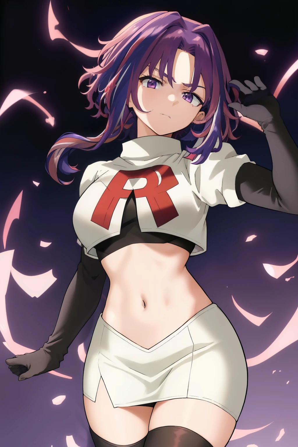 scan, (extremely detailed CG unity 8k wallpaper:1.1), masterpiece, (1girl), lady nagant, boku no hero academia, (purple hair), (multicolored hair), (purple eyes), breasts, team rocket,team rocket uniform, red letter R, white skirt,white crop top,black thigh-highs,black elbow gloves