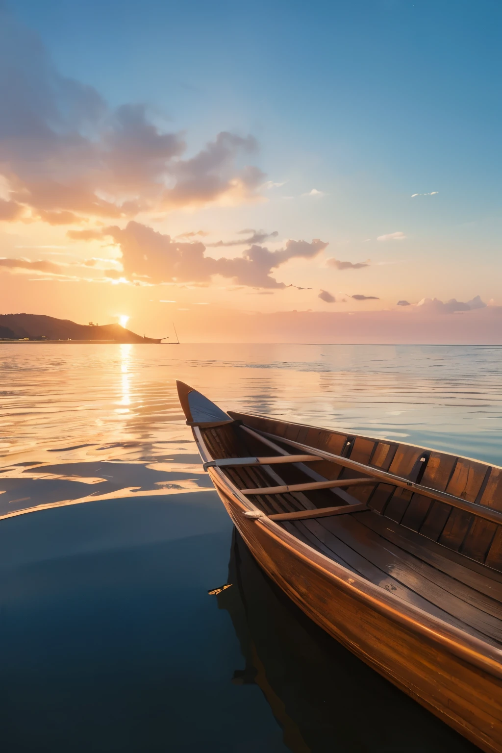 masterpiece, best quality, finely detailed, high resolution, extremely delicate and beautiful, (boat on the water), sun reflecting off the water, rippling waves, intricately carved wooden boat, oars slicing through the water, gentle breeze in the sails, vibrant colors of the sunset in the background, realistic water texture, lifelike boat details, calm and serene atmosphere, peaceful and tranquil scene.