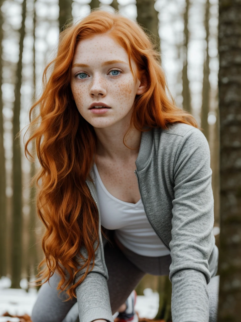 (1girl in, age19, Solo, Aesthetic artwork, irish redhead, wavy ginger hair, shoulder length ginger hair, light grey eyes, some small freckles, pale skin, A-cup, small breasts, runners body, (textured skin, skin pores:1.1), (moles:0.8), imperfect skin, goosebumps, wearing gray jacket and leggings, empty trees, early winter, no snow, blury background, (action shot, crawling, 1.25), (extremely detailed 8k wallpaper), (hard lighting), high quality, film grain, Fujifilm XT3 sharp focus, f 5.6, 50mm, High Detail, Sharp focus, (natural light), crazy details, complex details, hyperdetailed