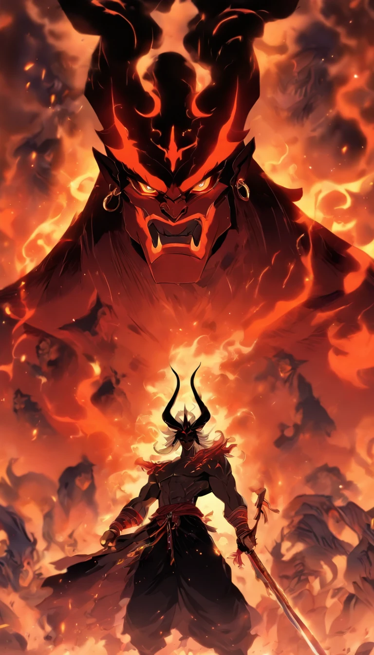a drawing of a man with a sword in his hand, male devil shaped with white horns, djinn man male demon, white horned demon, djinn hybrid demon man, human male demon, demon berserker, muscular humanoid balrog demon, man male demon, the former demon king, danhausen, o deus hades, furious god anubis