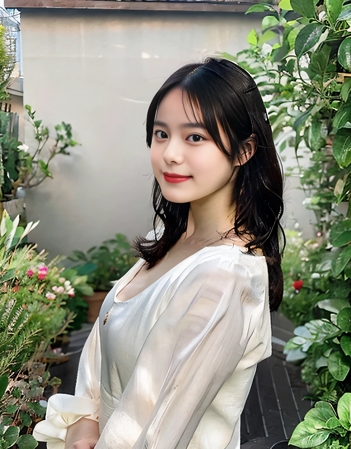 naga,(huge breasts:1.1),looking at the viewer,((masterpiece)),((highest quality)),perfect anatomy,8K UHD,highly detailed face,luster and luster,((1 girl)),((alone)),beautiful eyes,perfect image,(Upper body:1.1),(look ahead:1.1),Arms behind,slim waist,shiny hair,Are standing,super detailed,disorganized,(deep cleavage:1.1),light smile,(beautiful skin),Teak cheek,Natural red lips,cute,High resolution,