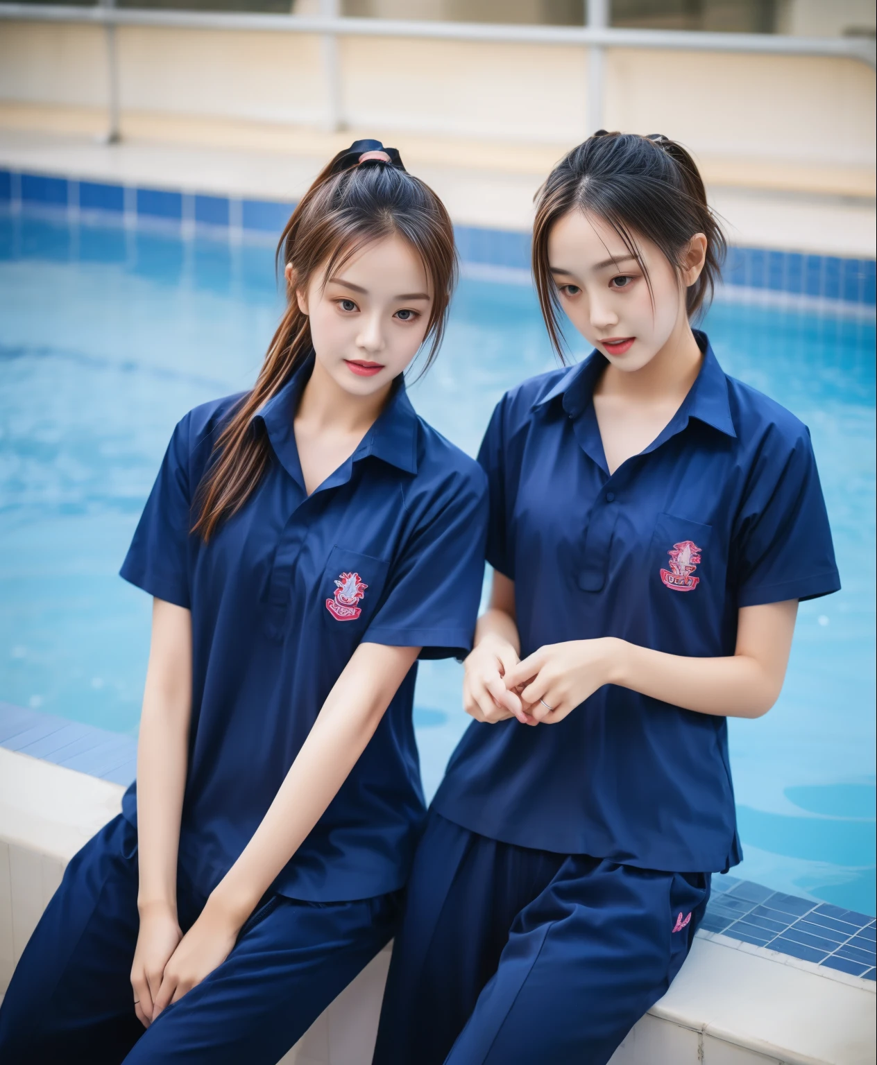 2 girls in the swimming pool, Navy blue short-sleeved shirt,Navy Long Trackpant,Sweatpants, Sweatpantsขายาว,25 year old girl, lesbian, sexy, exercise clothes, wet body, Gym Wear