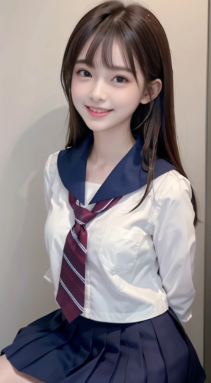 1 female, (medium breasts), brown hair, dull bangs, hair behind the ear, shoulder hair, (long hair),wet hair,( slender body shape), (Extra-fine face), delicate lips,(beautiful eyes), light blush, brown eyes,(shiny skin, perfect skin :1.3),Hide your hands,(white shirt, Flared skirt in navy blue),(Japan Schoolgirls),smile,,bust shot,(laughter:1.2)