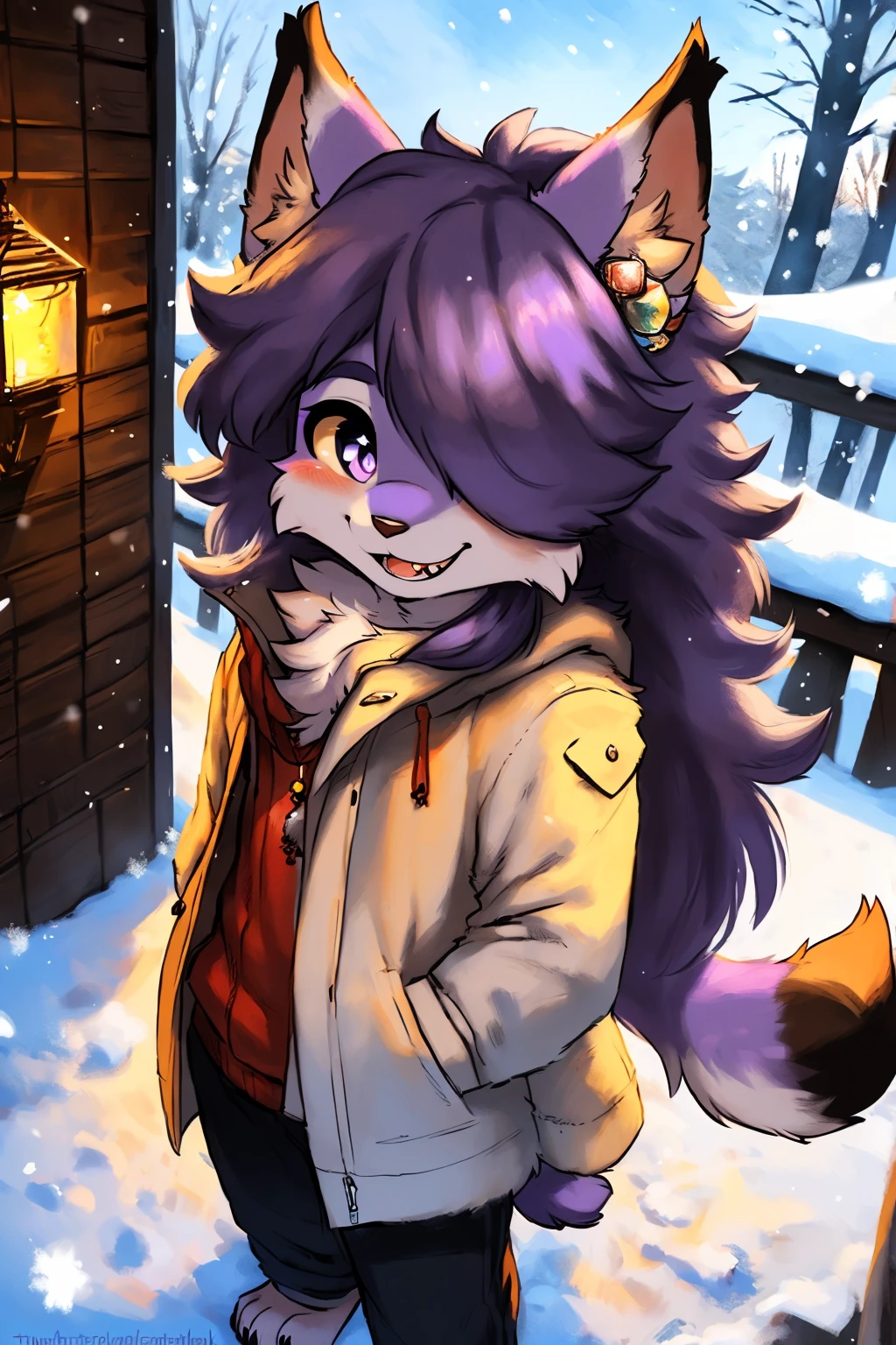 Furry male, ((male focus)), (((purple fur))), (purple hair), furry, one fang, ((long hair)), furry, fluff, fluffy, thuft, disheveled, cheeks fluff, <3 eyes, ((super fluffy)), (upper body), ((shoulder fluff)), ((shoulder tuft)), thicc thighs, teasing face, claws, hair accessories, hair ornaments, neck fur, neck fluff, paws,lynx, by emolga, by meesh, ((eyeliner)), eyeshadow, ((eyelashes)), wavy hair, hair over shoulder, hair over eye, (((solo focus))), smile, sharp teeth, by kenket, snow, snow coat, white clothes, selfie,