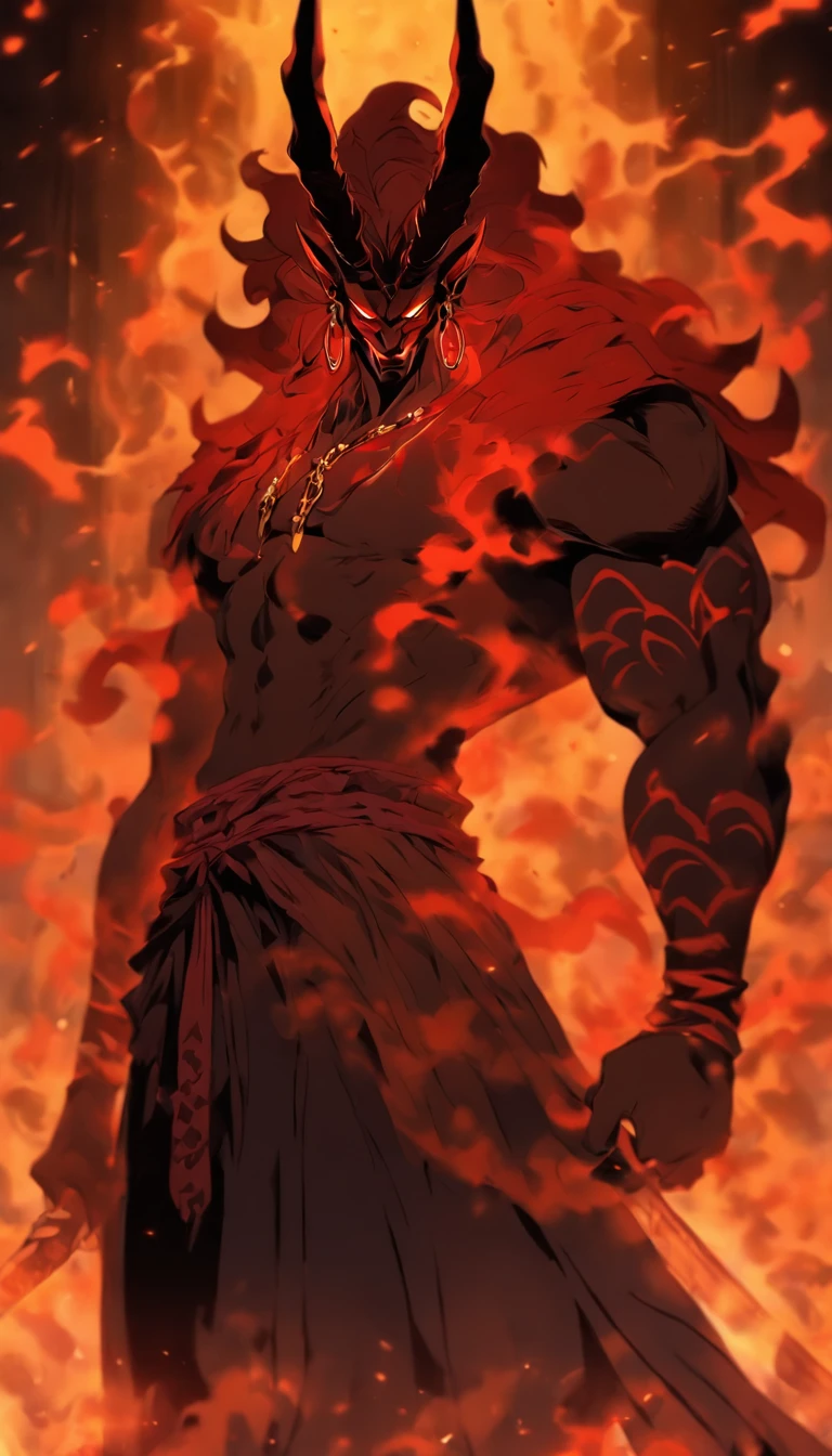 a drawing of a man with a sword in his hand, male devil shaped with white horns, djinn man male demon, white horned demon, djinn hybrid demon man, human male demon, demon berserker, muscular humanoid balrog demon, man male demon, the former demon king, danhausen, o deus hades, furious god anubis