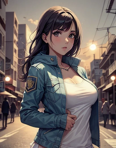Mujer joven y. Vestida campera de cuero sin mangas. Falda corta. Noche en la ciudad. Una luna amarilla y grande en el cielo