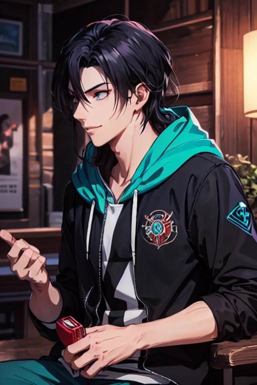 In this AI-generated artwork, a fusion character emerges, combining the features of Madara and Kakashi from Naruto with Cid from Eminence in the Shadows. The 2D anime portrayal showcases a dark-skinned figure with a low-cut black hairstyle, wearing an intricately detailed hoodie. The character, depicted in a solo pose, removes a headband, symbolizing significance and transition. Appearance: The hoodie incorporates a dark theme with subtle hints of blue, red, purple, green, and turquoise. The character's expression is a charismatic smile, blending Madara's stoicism, Kakashi's wit, and Cid's mysterious allure. Pose: The character stands casually with one hand in their pocket, embodying both relaxation and strength. The removal of the headband adds a narrative touch, enhancing the overall visual storytelling. Background: Set against a dark backdrop, the shadows highlight detailed features, creating a captivating composition with a hint of mystery.