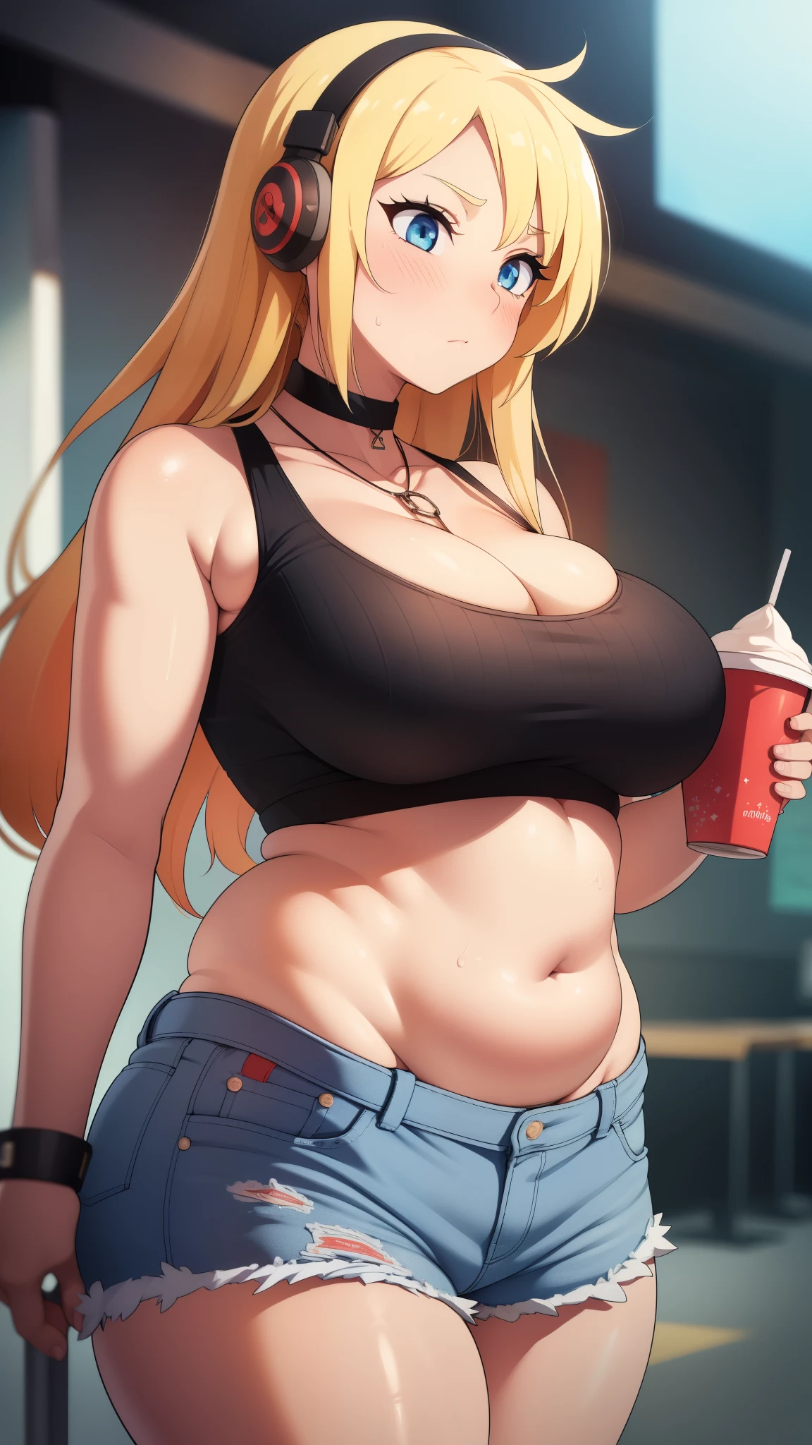((Masterpiece)), perfect anatomy, perfect shading, field of depth, (best quality), extremely delicate and beautiful, perfect lighting, detailed face, ultra cute face, cute, ((blush)), nervous, ((1girl)), (solo),
one girl has blonde hair, blue eyes, crop top and shorts, jeans, white shirt, thighs clothes, full body, medium , cleavage hips)), ((thick thighs)), ((chubby)), chubby belly, fat folds,
fast food restaurant, standing,