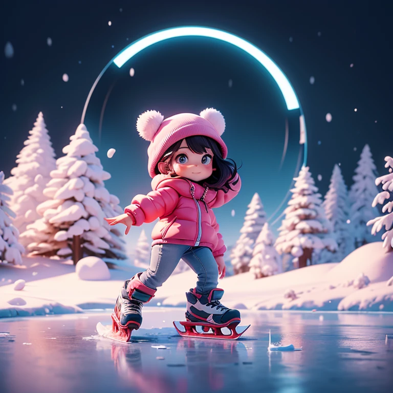 Ice skating rink A girl ice skating on a frozen lake in winter, Cute dark pink ski wear