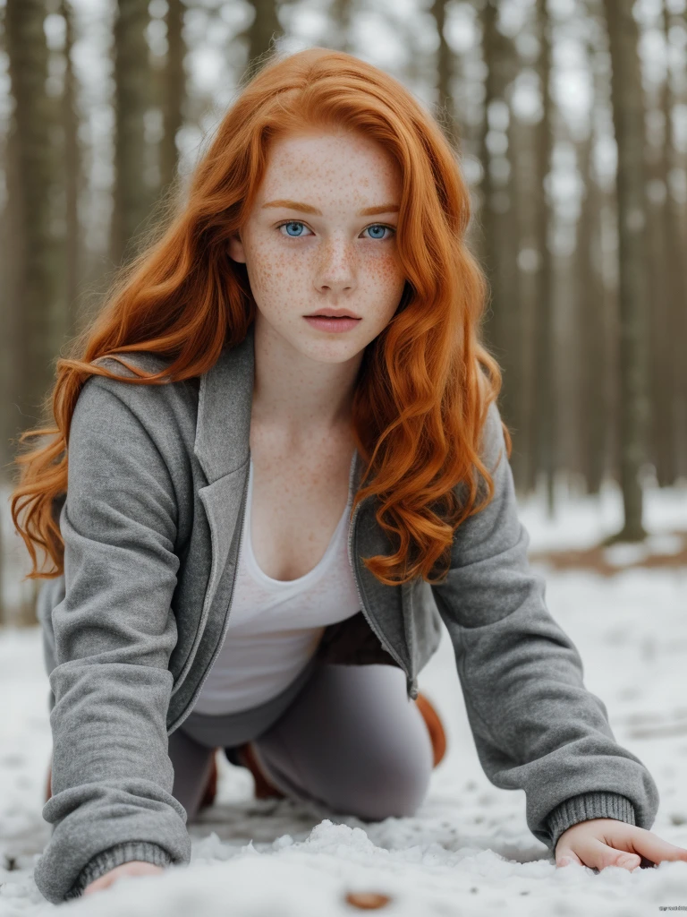 (1girl in, age19, Solo, Aesthetic artwork, irish redhead, wavy ginger hair, shoulder length ginger hair, light grey eyes, some small freckles, pale skin, A-cup, small breasts, runners body, (textured skin, skin pores:1.1), (moles:0.8), imperfect skin, goosebumps, wearing gray jacket and leggings, empty trees, early winter, no snow, blury background, (action shot, crawling, 1.25), (extremely detailed 8k wallpaper), (hard lighting), high quality, film grain, Fujifilm XT3 sharp focus, f 5.6, 50mm, High Detail, Sharp focus, (natural light), crazy details, complex details, hyperdetailed