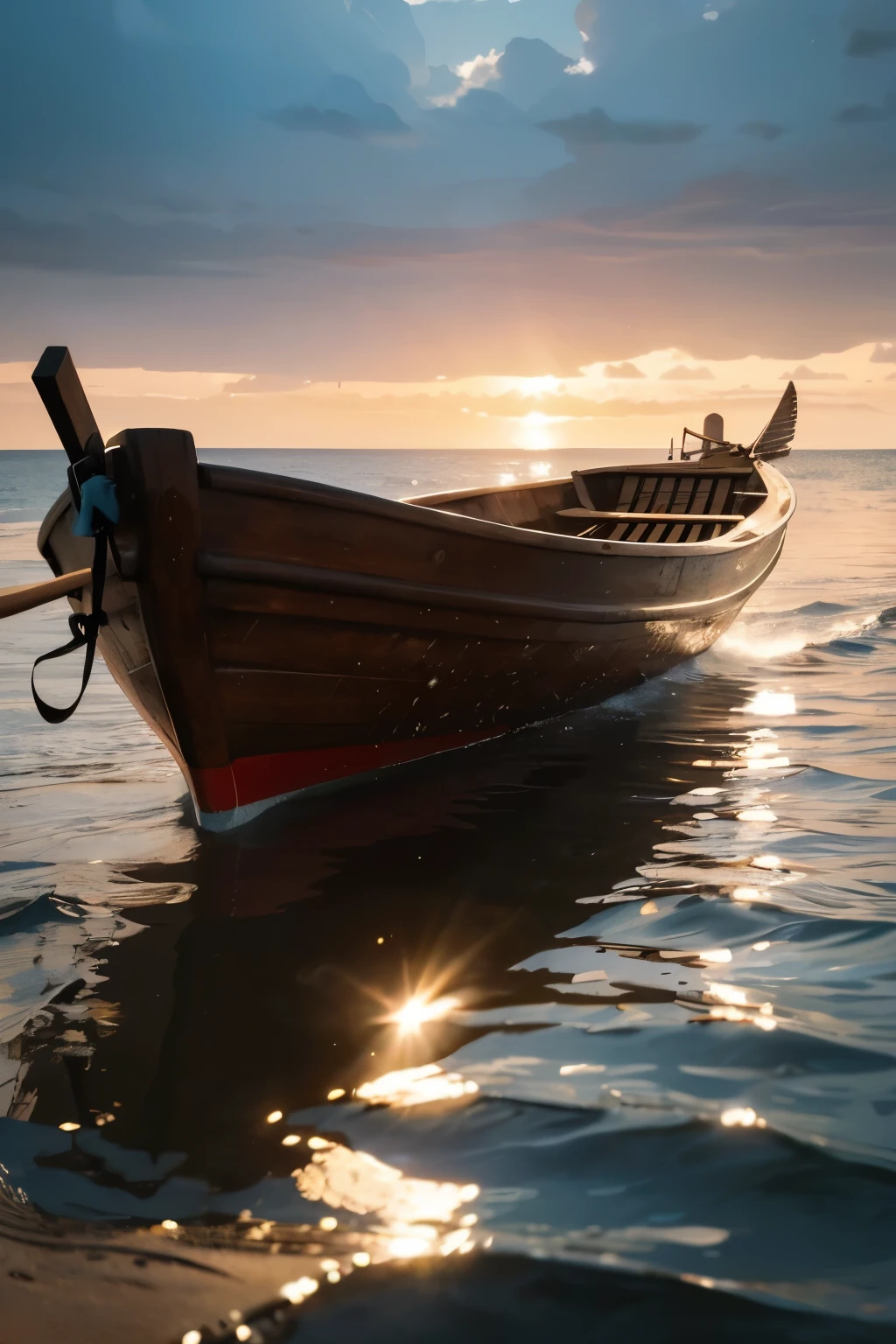 masterpiece, best quality, finely detailed, high resolution, extremely delicate and beautiful, (boat on the water), sun reflecting off the water, rippling waves, intricately carved wooden boat, oars slicing through the water, gentle breeze in the sails, vibrant colors of the sunset in the background, realistic water texture, lifelike boat details, calm and serene atmosphere, peaceful and tranquil scene.