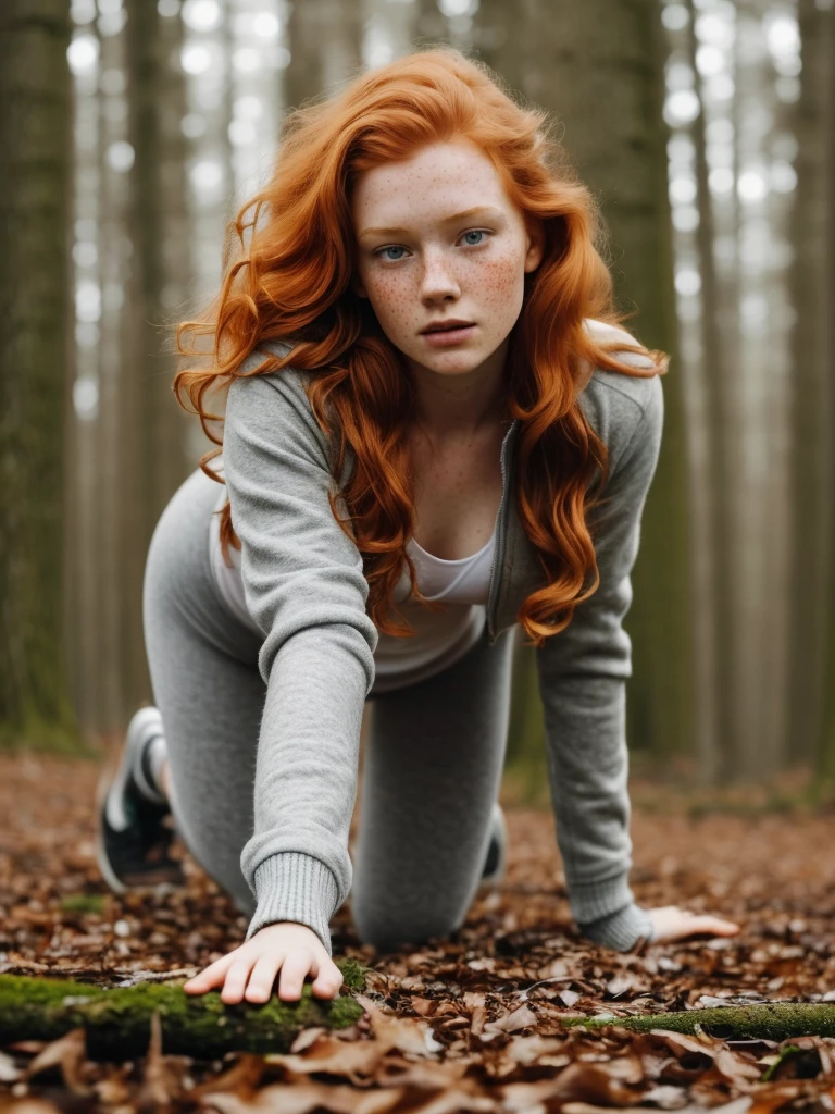 (1girl in, 19, Solo, Aesthetic artwork, irish redhead, wavy ginger hair, shoulder length ginger hair, light grey eyes, some small freckles, pale skin, A-cup, small breasts, runners body, (textured skin, skin pores:1.1), (moles:0.8), imperfect skin, goosebumps, wearing gray jacket and leggings, empty trees, early winter, no snow, blury background, (action shot, crawling, 1.25), (extremely detailed 8k wallpaper), (hard lighting), high quality, film grain, Fujifilm XT3 sharp focus, f 5.6, 50mm, High Detail, Sharp focus, (natural light), crazy details, complex details, hyperdetailed