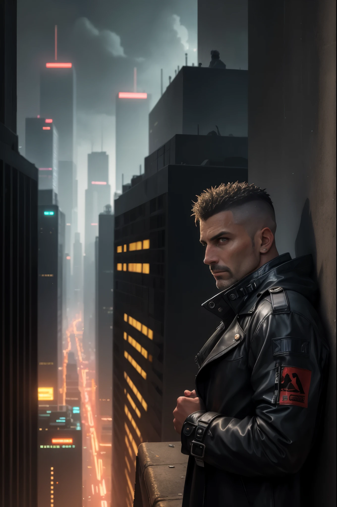 A man, 45 years old, brown eyes, hair shaved on the sides, combed back, unshaven, wearing a dark trench coat with the collars turned up. He is leaning against the parapet of a building, observing from above the night of the cyberpunk city below in the background. Background futuristic cyberpunk make it realistic, Blade Runner, 8k, ultra hd