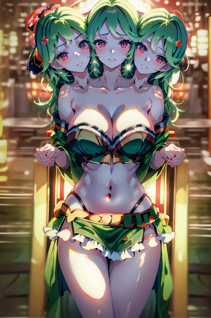 (masterpiece, best quality),best quality, best resolution, (ultra-detailed), (3heads:1.5), 1girl, (yamashiro takane:1.3), masterpiece, best quality, green top, crop top, ((stomach)), midriff, ((groin)), green skirt, miniskirt, normal ears, shackles, green hair, very long hair, wavy hair, sidelocks, blue eyes, parted lips, single horn, sweat, cute, toned belly, hand on own chest, eyelashes, (24 year old woman:1.3), (masterpiece:1.5), (best quality:1.5), (beautiful detailed), extremely detailed CG, extremely delicate and beautiful, depth of field, (finely detailed face), (perfect details:1.2), (mature female:1.3), wide pelvis, slender, large veiny breast, 8k resolution, high quality, high definition, extremely detailed, masterpiece, green hair, long hair, alluring presence, twin braid, short skirt, close up, big tits, young, green headwear, hat, camouflage, 