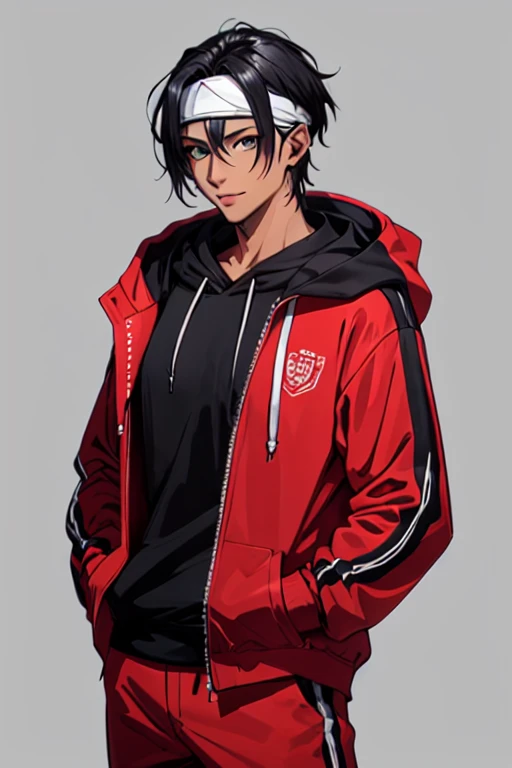 Generate a high-quality 2D anime character image featuring a fusion of Madara and Kakashi from Naruto with Cid from Eminence in the Shadows. The character, with dark skin and short-cut black hair, wears an intricately detailed hoodie and removes a headband. The hoodie showcases a dark theme with hints of blue, red, purple, green, and turquoise. The character sports a nice smile, adopts a casual pose with one hand in the pocket, set against a dark background for a visually stunning composition.