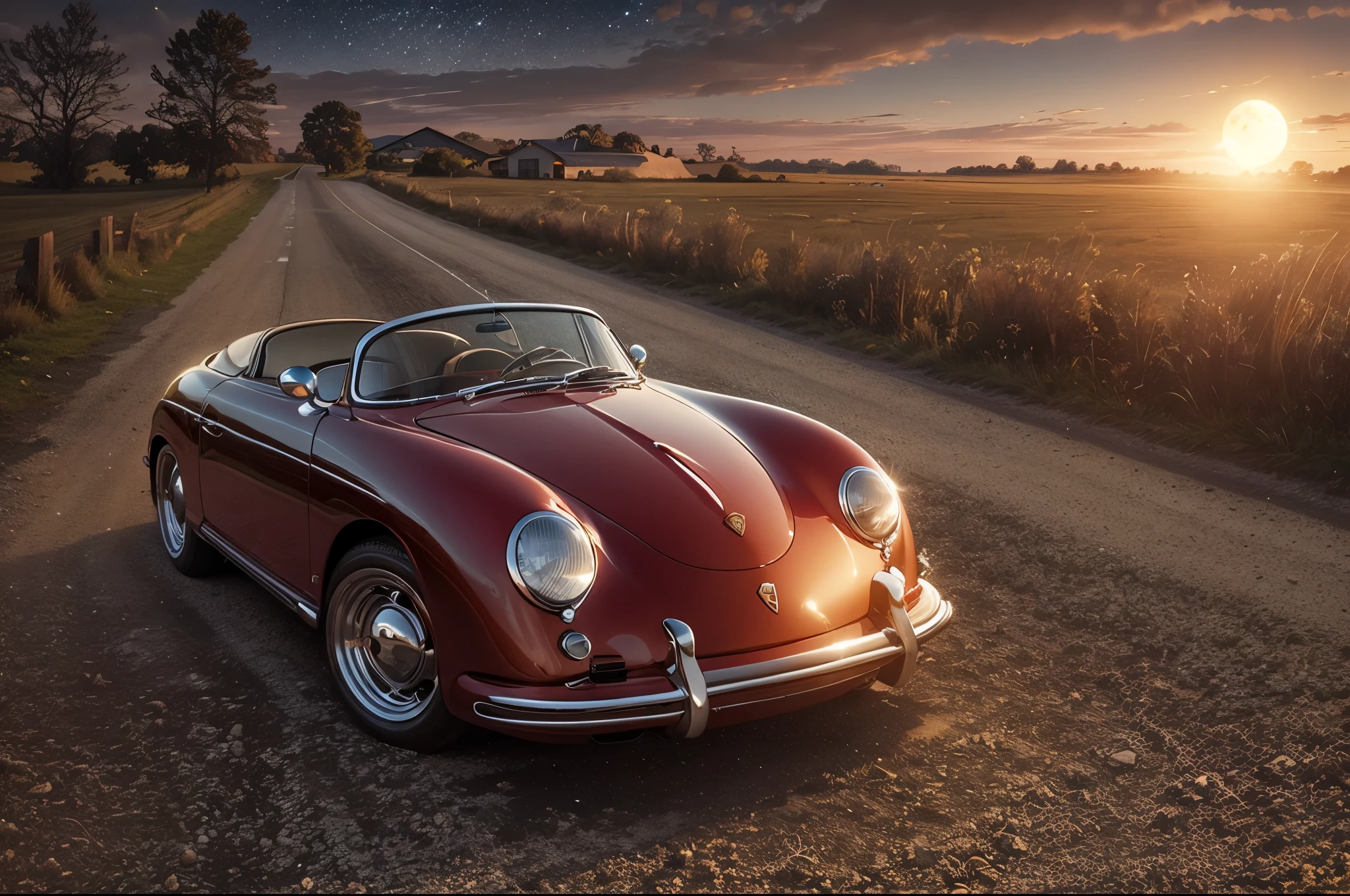 A red Porsche 356 Speedster convertible with its headlights on and on on a country road surrounded by greenery with the moon shining in the star-filled sky
