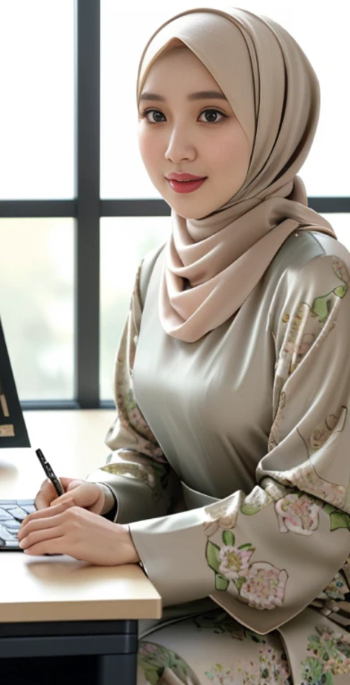 (best quality,highres),Malay woman wearing hijab,floral silk malay gamis abaya,(vibrant colors,pastel tones),tight close beige,(professional,office setting),(detailed face,hijab style,expressive eyes),sitting at her desk,(peaceful environment),organised workspace,desk accessories,sunlight streaming in through the window,(engaged in work,focused expression)