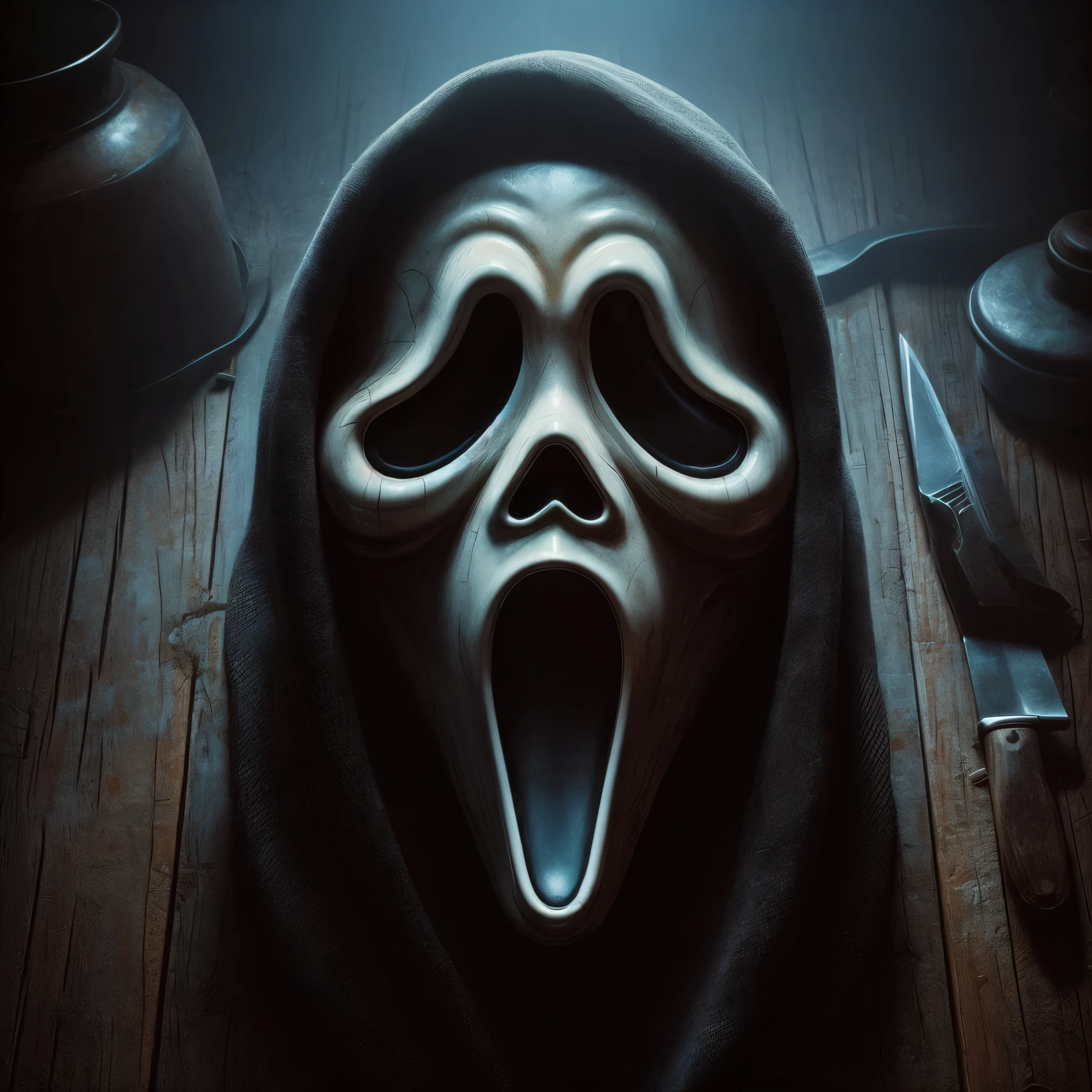 Ghostface from the movie Scream is depicted in an ultra-realistic style, close-up and fully illuminated, as if captured directly from a film scene. He is holding a small, sinister bell close to his face with his left hand, shaking it gently. His eerie white mask, with hollow eyes and a gaping mouth, is inches from the bell, creating an unsettling proximity. Ghostface is fully framed within the image, with the light casting shadows that emphasize the contours of his iconic mask and the metallic gleam of the bell. The black robe flows naturally around his head, and the dark background contrasts with the sharp, bright lighting, making the scene both eerie and intensely focused