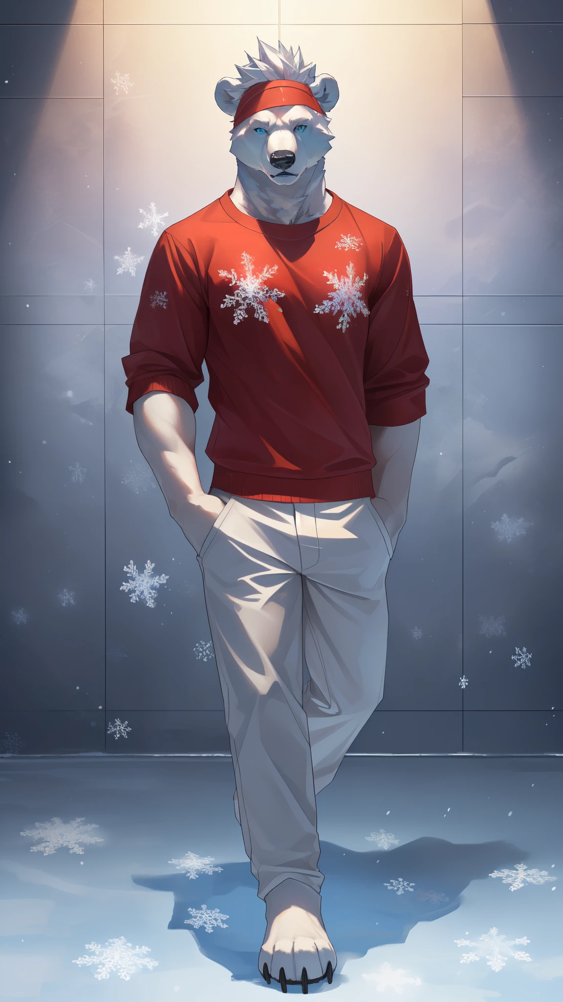(a muscular male polar bear character sheet with spiky hair, wearing a casual outfit and a red headband from the game Arknights), (best quality, 4k, highres, ultra-detailed), (realistic:1.37), (HDR, vivid colors), (concept art, digital painting), (cool color tones), (soft, diffused lighting), (sharp focus), (detailed facial features), (impressive physique), (dynamic pose), (icy background with snowflakes), (powerful and confident stance), (intense gaze), (fur textures), (exquisite shading and highlights), standing, feet, polar bear mouth, polar bear ears