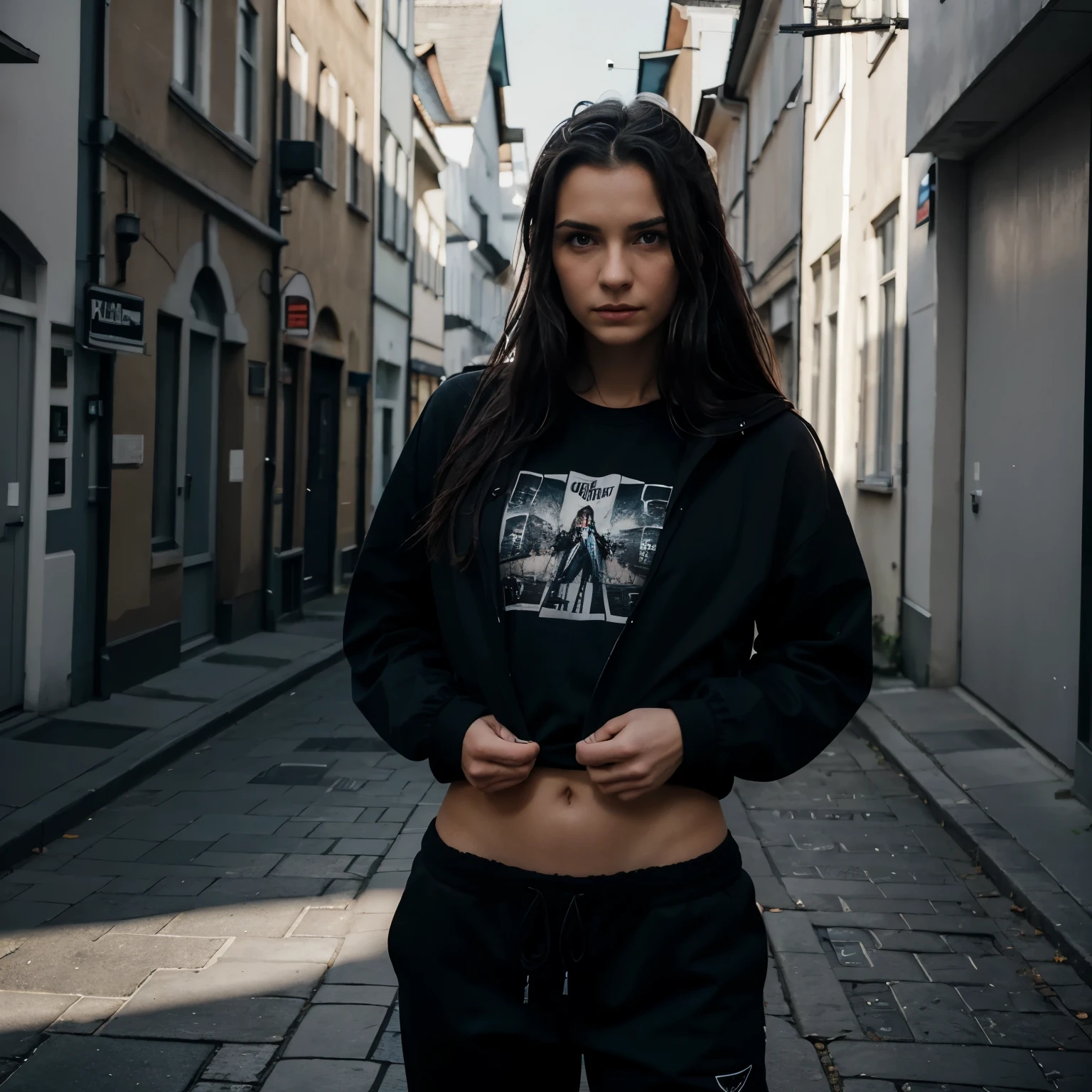 1 Mann, Bauchmuskeln ,Allein, Meisterwerk, am besten_Quality, Foto-Shooting, Blick in die Kamera, tired expression, , blaue Augen, (schwarzes Haar), (Unordentliches Haar), Black street jacket, Baggy T-Shirt, Schwarze Jogginghose, (Kreatur), White skin, Konkreter Hintergrund, lehnend