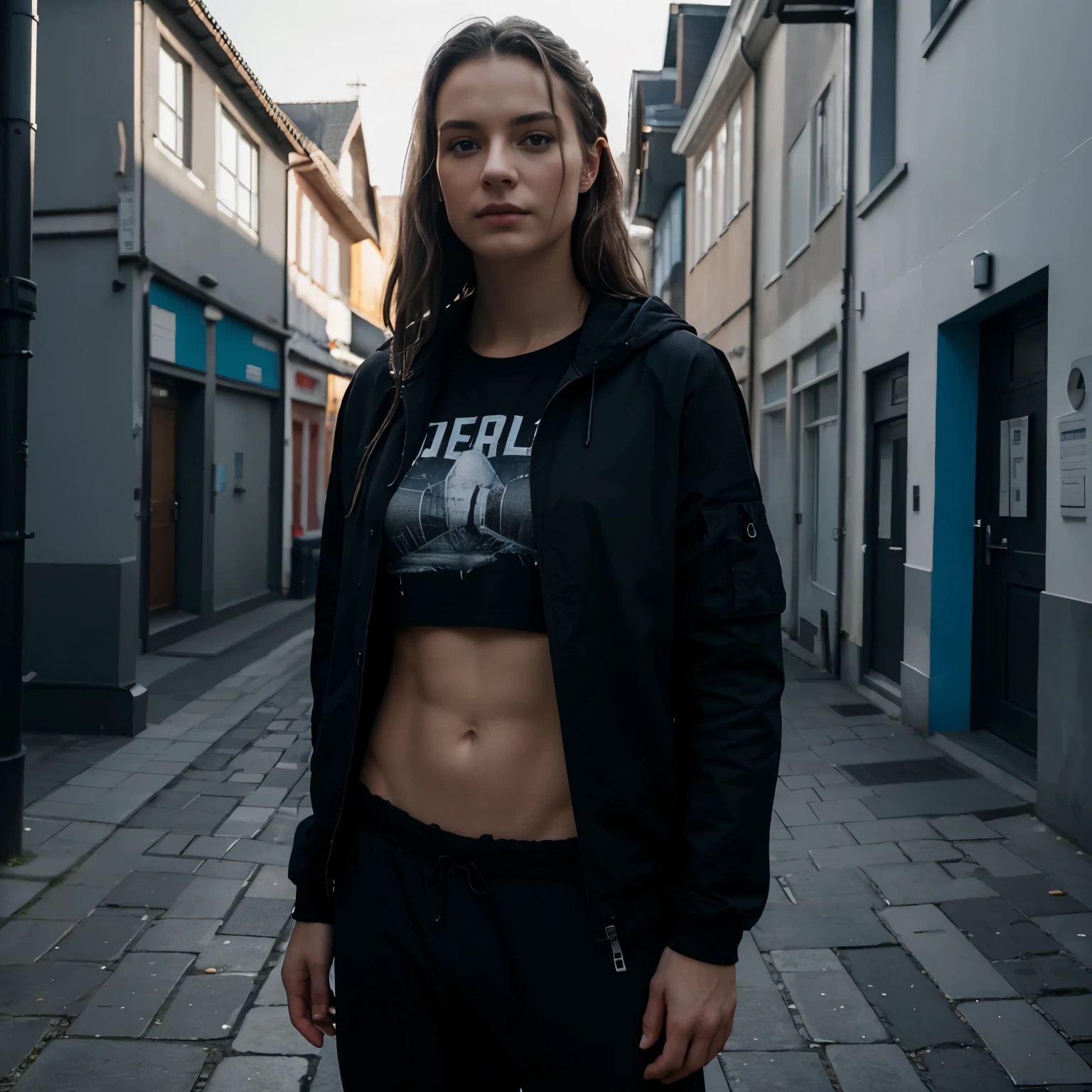 1 Mann, Bauchmuskeln ,Allein, Meisterwerk, am besten_Quality, Foto-Shooting, Blick in die Kamera, tired expression, , blaue Augen, (schwarzes Haar), (Unordentliches Haar), Black street jacket, Baggy T-Shirt, Schwarze Jogginghose, (Kreatur), White skin, Konkreter Hintergrund, lehnend