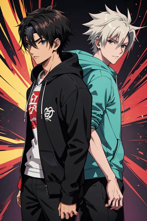 Generate a high-quality 2D anime character image featuring a fusion of Madara and Kakashi from Naruto with Cid from Eminence in the Shadows. The character, with dark skin and short-cut black hair, wears an intricately detailed hoodie and removes a headband. The hoodie showcases a dark theme with hints of blue, red, purple, green, and turquoise. The character sports a nice smile, adopts a casual pose with one hand in the pocket, set against a dark background for a visually stunning composition.