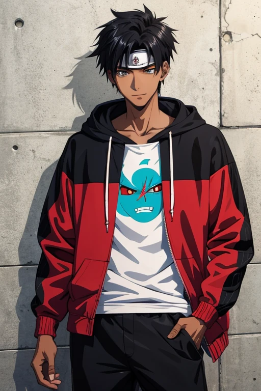 Generate a high-quality 2D anime character image featuring a fusion of Madara and Kakashi from Naruto with Cid from Eminence in the Shadows. The character, with dark skin and short-cut black hair, wears an intricately detailed hoodie and removes a headband. The hoodie showcases a dark theme with hints of blue, red, purple, green, and turquoise. The character sports a nice smile, adopts a casual pose with one hand in the pocket, set against a dark background for a visually stunning composition.