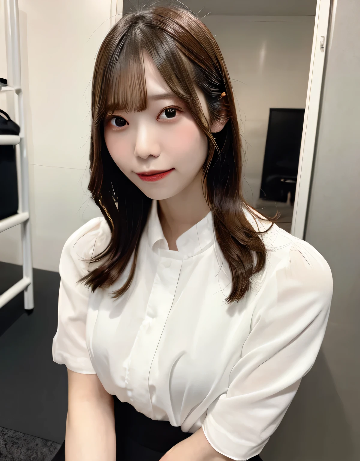 kounohiyori,(huge breasts:1.1),looking at the viewer,((masterpiece)),((highest quality)),perfect anatomy,8K UHD,highly detailed face,luster and luster,((1 girl)),((alone)),beautiful eyes,perfect image,(Upper body:1.1),(look ahead:1.1),Arms behind,slim waist,shiny hair,Are standing,super detailed,disorganized,indoor,white shirt,Shiny black tight skirt,