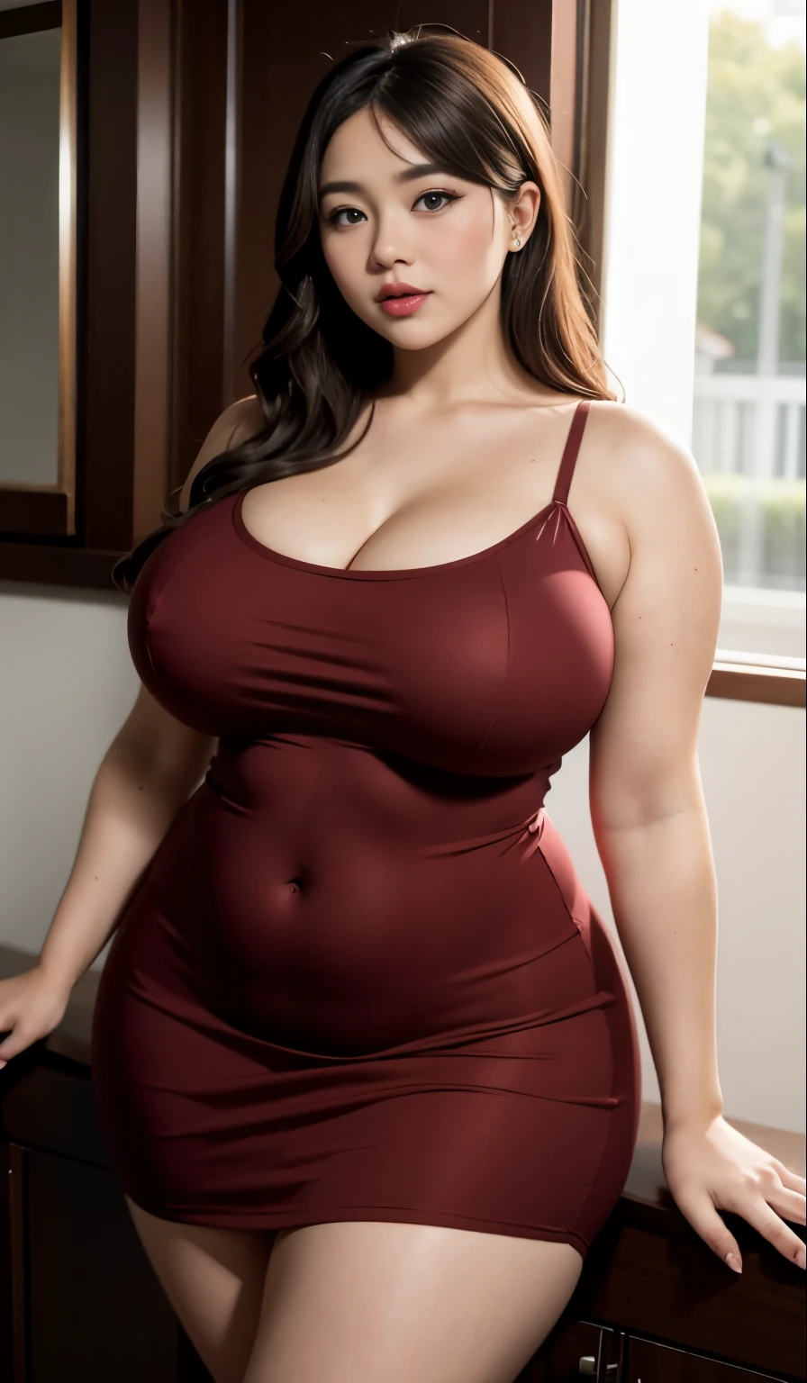 a woman in a dress posing for a picture, bbwchan, she has a jiggly fat round belly, thicc, sexy :8, sexy girl, trending on bbwchan, skinny waist and thick hips, busty, her belly is fat and round, asian girl, sexy dress, meaty, thick body, lovely woman, full body
