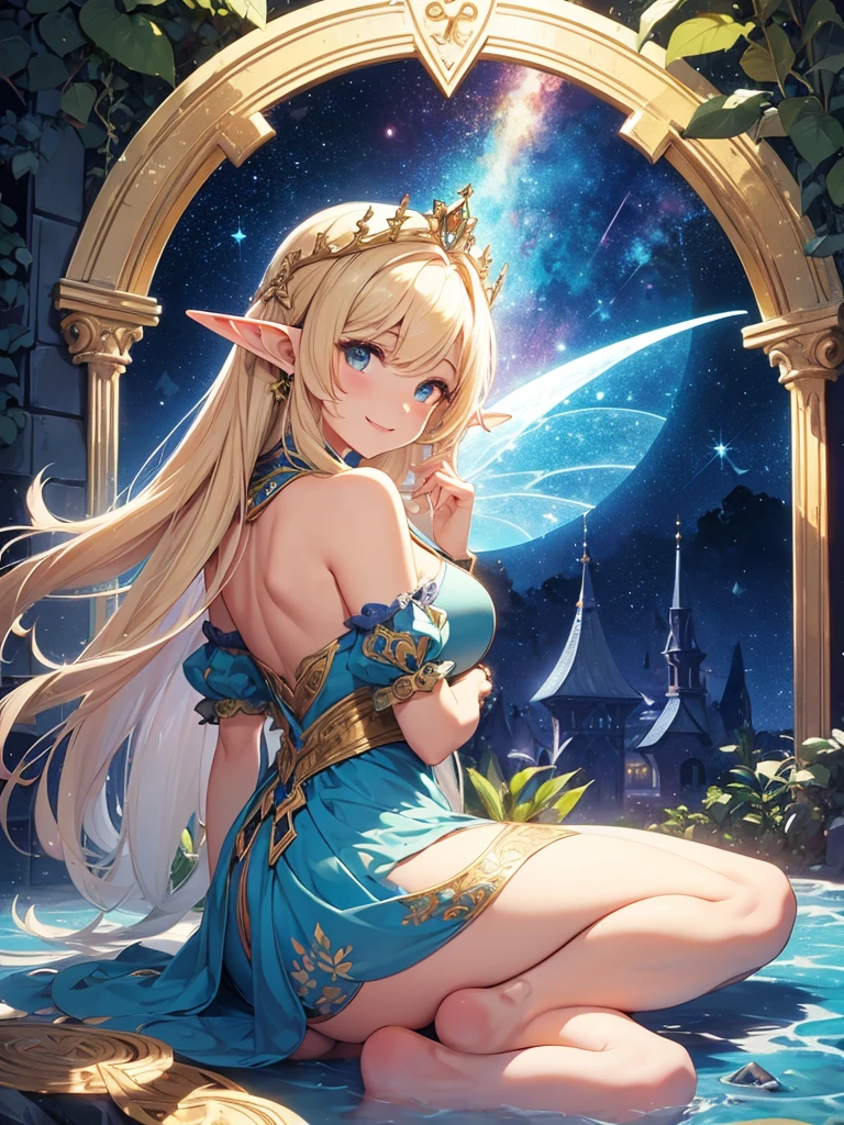 highest quality、Highest image quality、masterpiece、Super beautiful elf beauty((22 years old OL big bust、Bust 90,beautiful long ironed hair、blonde、(優しくお祈り🙏1.9)globe、、slender、Close-up、Esbian、beautiful tiara、High quality、beautiful art、background((starry ski)))muste piece、visual art、Depth of the bounds written、low angle of morning sky、、elf ears、、light magic、Space Knight、harp melody🎵、A happy smile、gentle light、、Beautiful legs that are gentle on the skin、、、Number of fingers to achieve precise finger movements、ticker beautiful decorative、elegant、Mystical rosa、 Heaven、Marble pillars, beautiful dressy、magnificent marble dome、Huge galaxy、religious painting、holding the earth、Temple of Time、Great watch、hourglass、sundial、moment of creation!myth、alphonse mucha art、art noveau、byzantine art、folding screen picture、gold foil、Raphael's paintings、renaissance art、pray with both hands together、full nude、nsfw,nude,sexy,