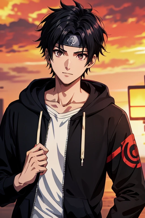 Generate a high-quality 2D anime character image featuring a fusion of Madara and Kakashi from Naruto with Cid from Eminence in the Shadows. The character, with dark skin and short-cut black hair, wears an intricately detailed hoodie and removes a headband. The hoodie showcases a dark theme with hints of blue, red, purple, green, and turquoise. The character sports a nice smile, adopts a casual pose with one hand in the pocket, set against a dark background for a visually stunning composition.