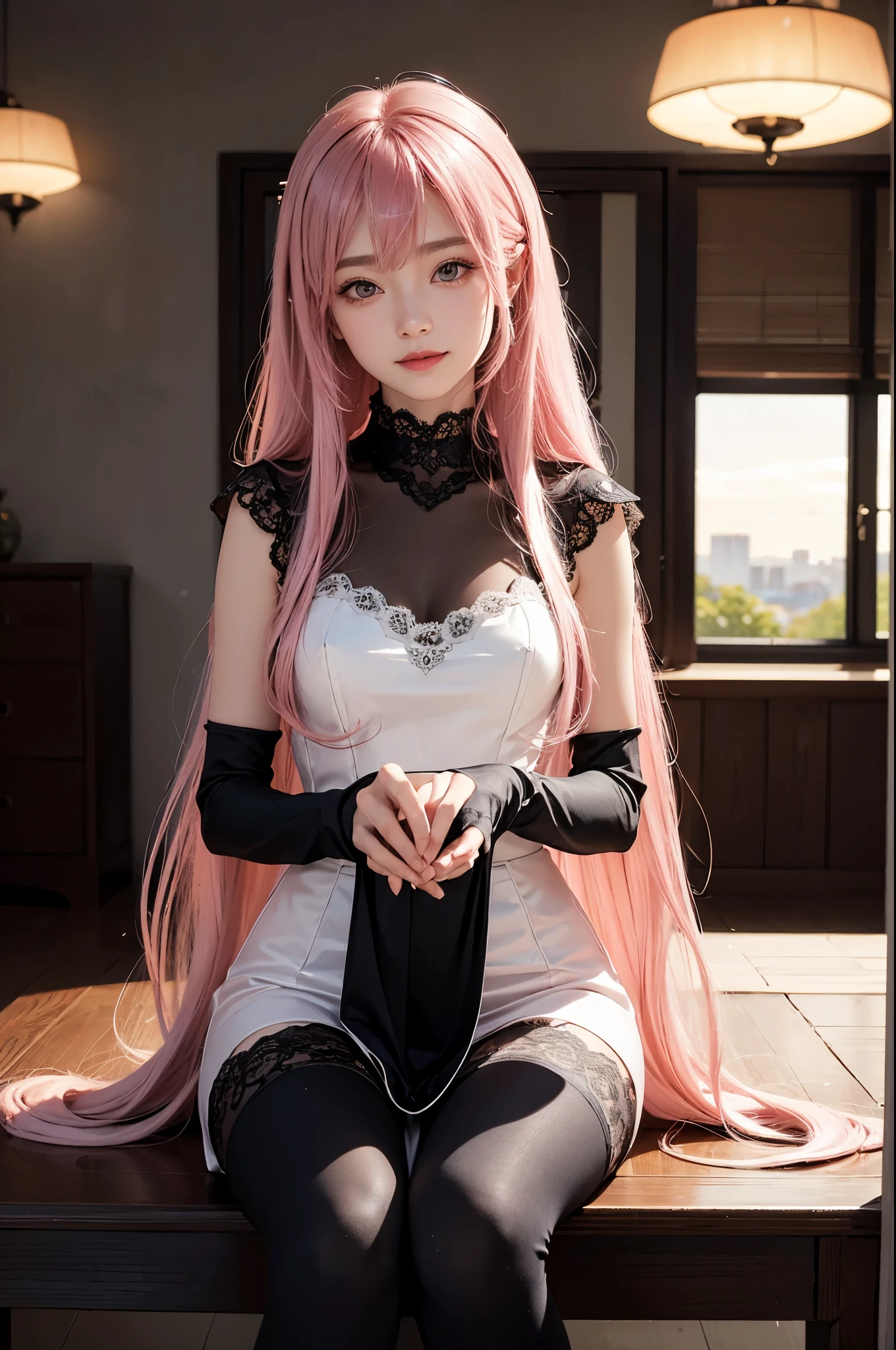 (Reality,masterpiece,best quality,intricate details,ultra high definition),Emotion concept art,(1girl,(seduct smile),solo,long pink hair,),View audience,NSFW:1.2)(1.2)( wear black((transparent))leggings,Lace high socks(躺在indoor,indoor,plant,window,Rays,Rays,Sunset,室外Sunset)(Soft lighting and shadows,,film grain:1.2,vivid colors,spread:1.2)