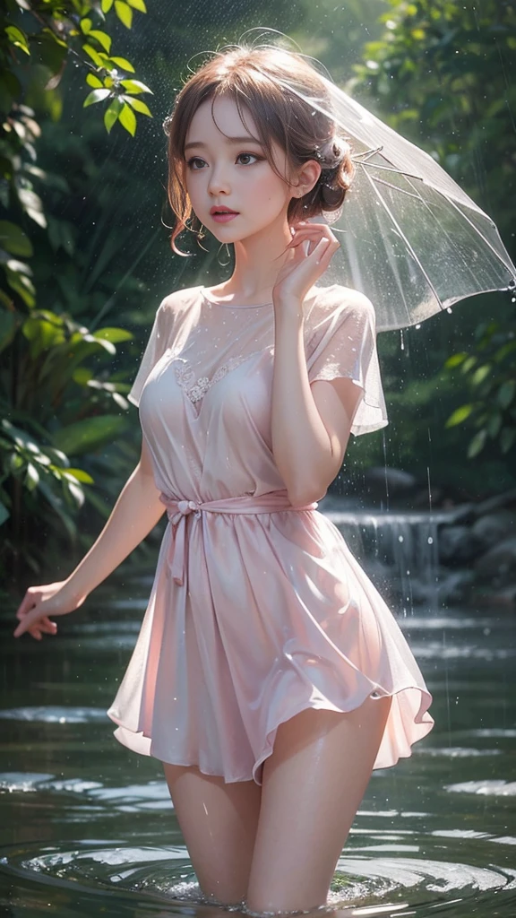 a beautiful woman in a pastel pink chiffon dress dances in the rain in a fairy tale, a high quality hyper realistic yet artsy painting, winner of the cgsociety competition, wet shirt effects, rain effects, water effects. water splashes, beautiful light composition, beautiful angle, smooth movement, winning photo, cute photo, powerful photo, backlit