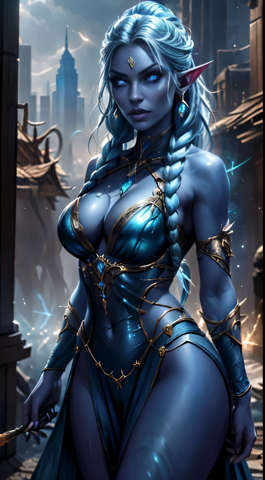 1girl, drow sexy, pele roxo-azul escura, long and elaborate braids of pale silver, ((Olhos vermelhos)), jewelries, orelhas de elfo, brincos, ((vestido sexy feiticeira branca)), ((maneja a equipe)), ((Cast light magic)), on a roof of skyscrapers, atletic, Volumetric lighting, best quality, master part, Realistic, anatomicamente correto, (Strong cinematic lighting), detalhes impressionantes, detalhes intrincados, 8K post-production, high resolution, super detalhes, trending on ArtStation, sharp focus, profundidade de campo f/1.8, studio photos, (((Looking at camera))), game street figther, Warcraft,