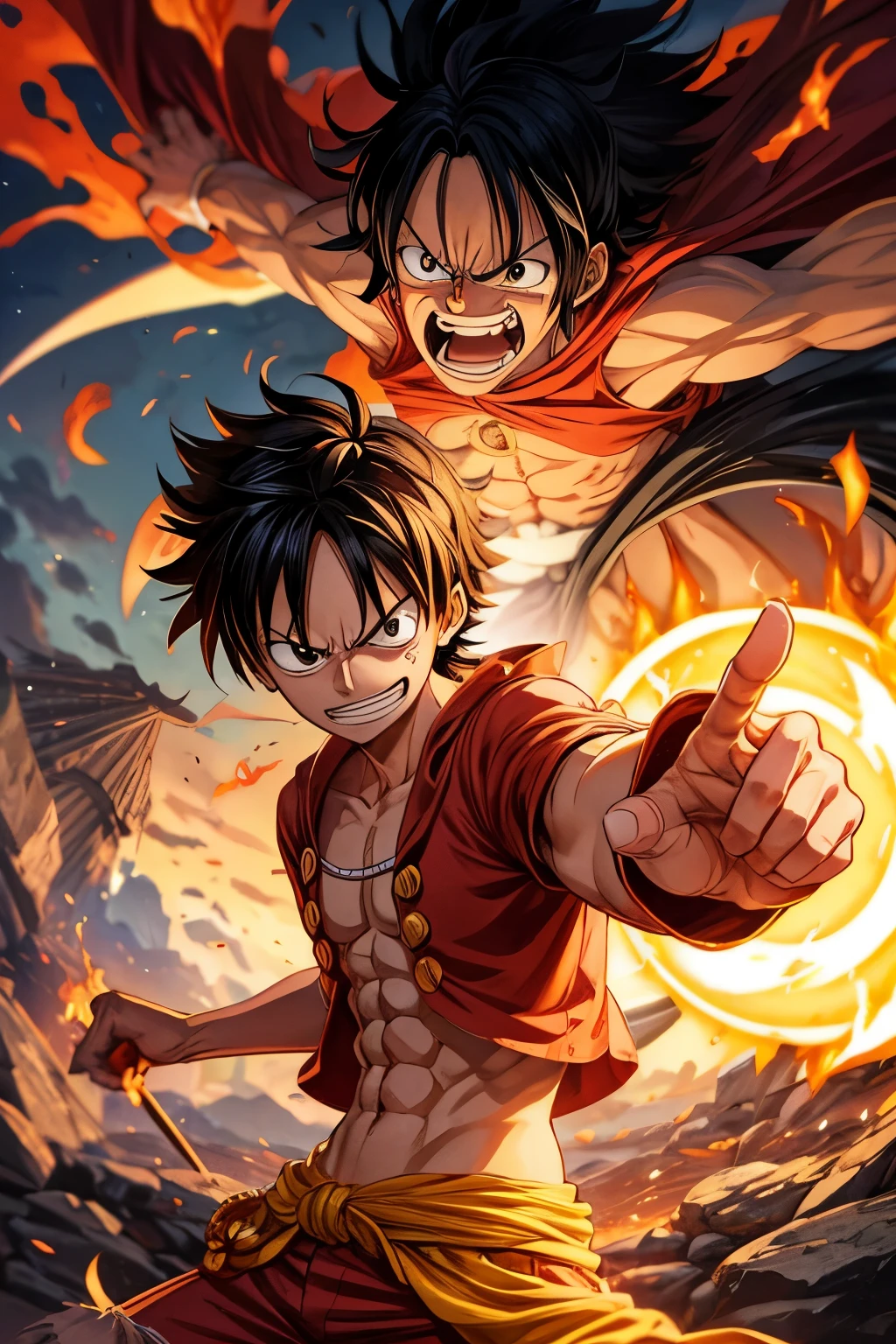 Crie um personagem com poderes de chamas, baseado no personagem ace de one piece (Luffy's brother), ele tem que ter chamas, poderes de fogo, he is imbued with flames and is fighting 2 powerful opponents, There's even a dragon coming at him and that's why he's going to use his greatest firepower to fight them..