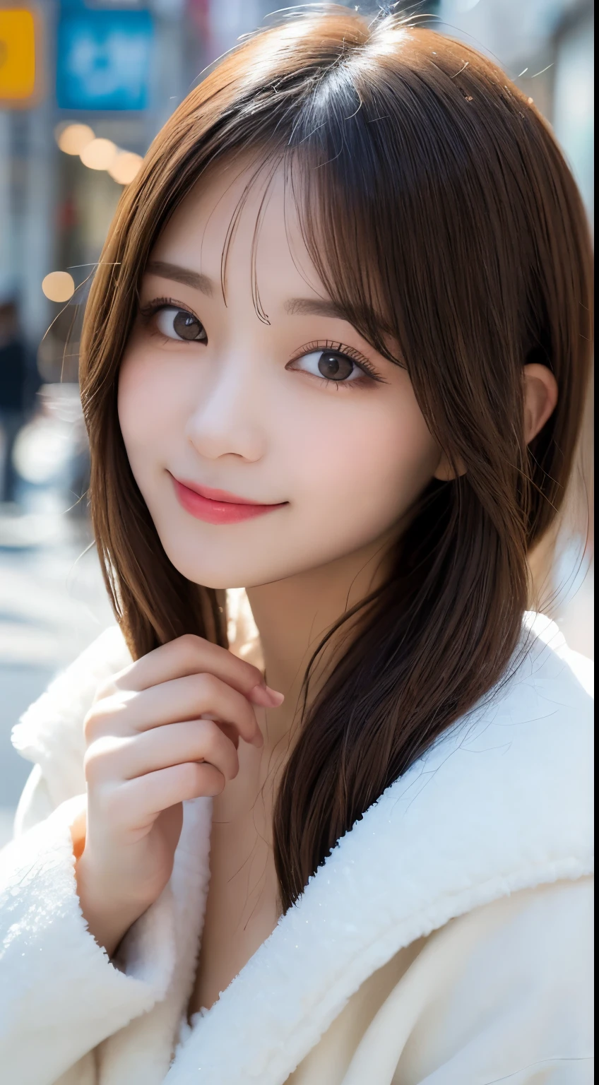table top, highest quality, shape, Super detailed, finely, High resolution, 8k wallpaper, 完璧なダイナミックな構shape, beautiful and detailed eyes, tokyo trend冬ファッション,tokyo trend＆Introducing cute hairstyles at random, small breasts, natural color lip, random sexy pose,cute smile,big city、20 year old girl、beautiful and detailed face、perfect and beautiful face,Big eyes、Wear fluffy black outerwear with fur、beautiful detailed face、perfect and beautiful double eyelids、blur the background、perfect and beautiful face、Feminine poses、blur the background