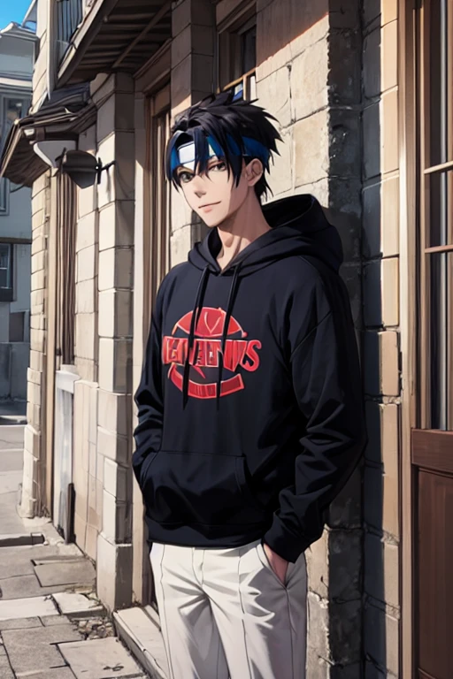 Generate a high-quality 2D anime character image featuring a fusion of Madara and Kakashi from Naruto with Cid from Eminence in the Shadows. The character, with dark skin and short-cut black hair, wears an intricately detailed hoodie and removes a headband. The hoodie showcases a dark theme with hints of blue, red, purple, green, and turquoise. The character sports a nice smile, adopts a casual pose with one hand in the pocket, set against a dark background for a visually stunning composition.