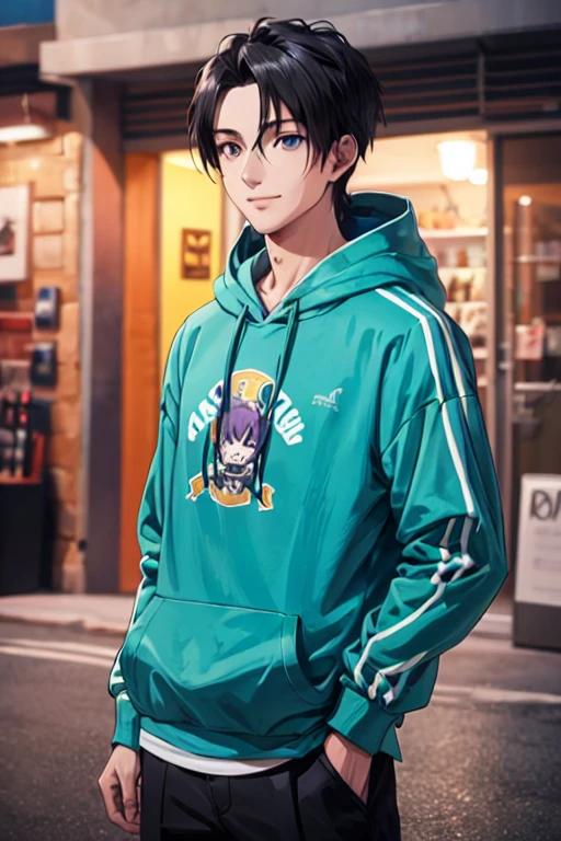 Generate a high-quality 2D anime character image featuring a fusion of Madara and Kakashi from Naruto with Cid from Eminence in the Shadows. The character, with dark skin and short-cut black hair, wears an intricately detailed hoodie and removes a headband. The hoodie showcases a dark theme with hints of blue, red, purple, green, and turquoise. The character sports a nice smile, adopts a casual pose with one hand in the pocket, set against a dark background for a visually stunning composition.