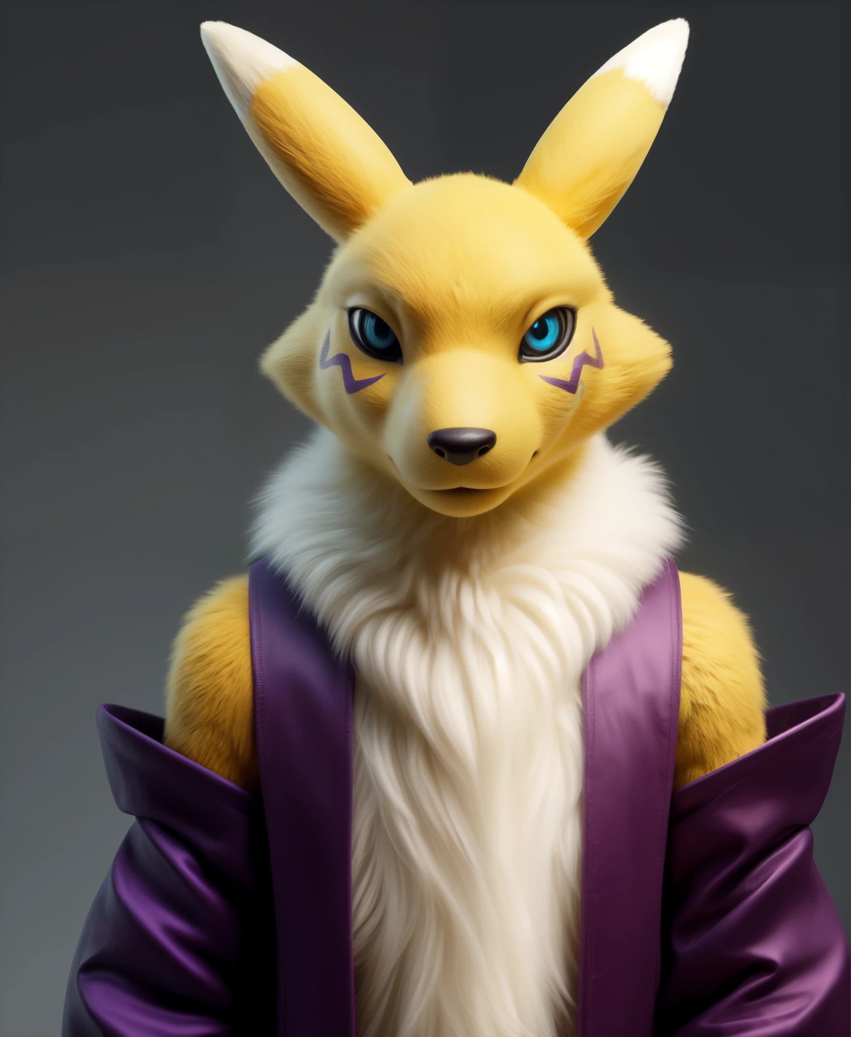 real e621, photorealistic, masterpiece, renamon_(digimon), looking at viewer, sharp blue eyes, full body portrait, purple sleeves,