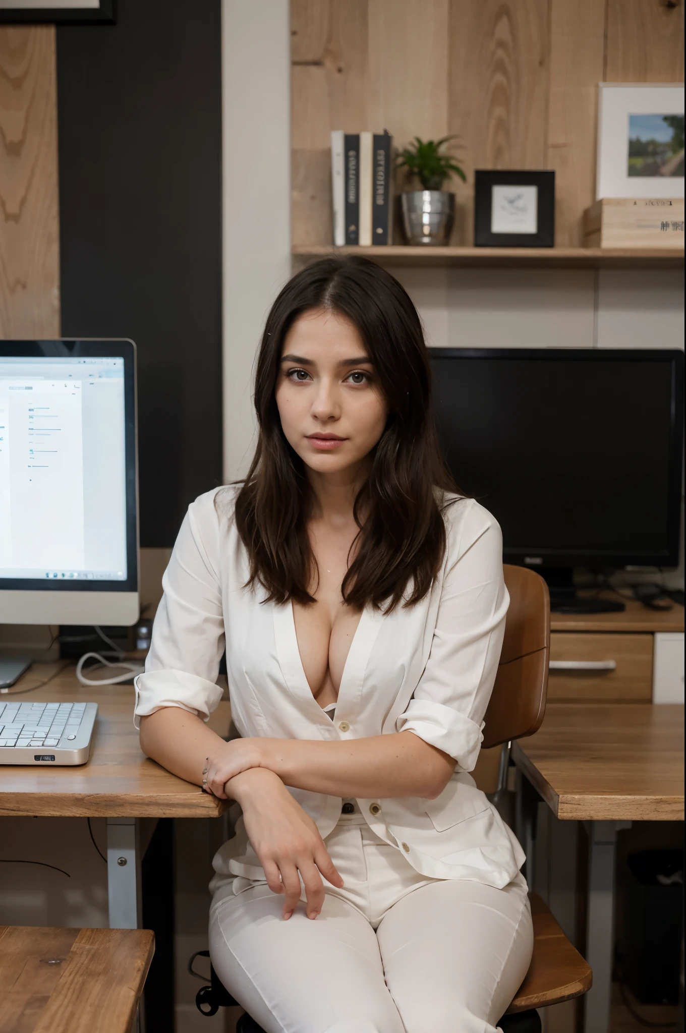 Crie uma cena ultrarrealista de uma mulher de cabelos pretos lisos e curtos, sitting behind a dark wooden desk in an office decorated with plants and inspirational paintings. She is wearing an elegant black and white pantsuit, typing on a laptop with expression of confidence and determination