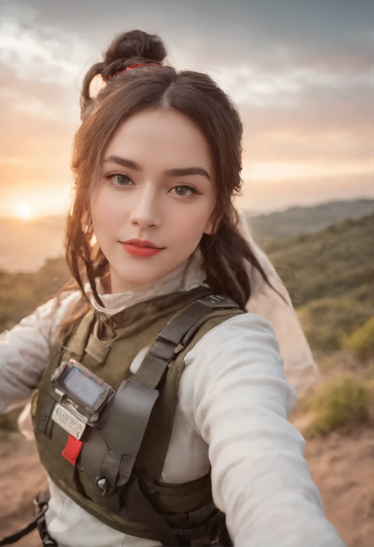 a woman taking a selfie with her cell phone, f 2 0, f16, f 1 6, retro anime girl, streaming on twitch, two pigtails hairstyle, loba andrade from apex legends, pigtail braids, ulzzang, f 1 8, f18, f / 2 0, 9 0 s anime aesthetic, anime / manga