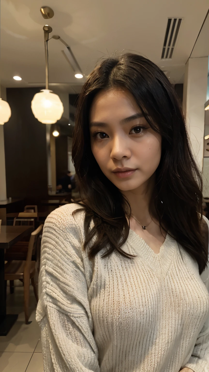 30 years old hong kong woman in a hong kong style restaurant, deep V knit jumper long sleeves, hyper realistic, realistic skin tone, realistic skin texture, symmetric face, half body