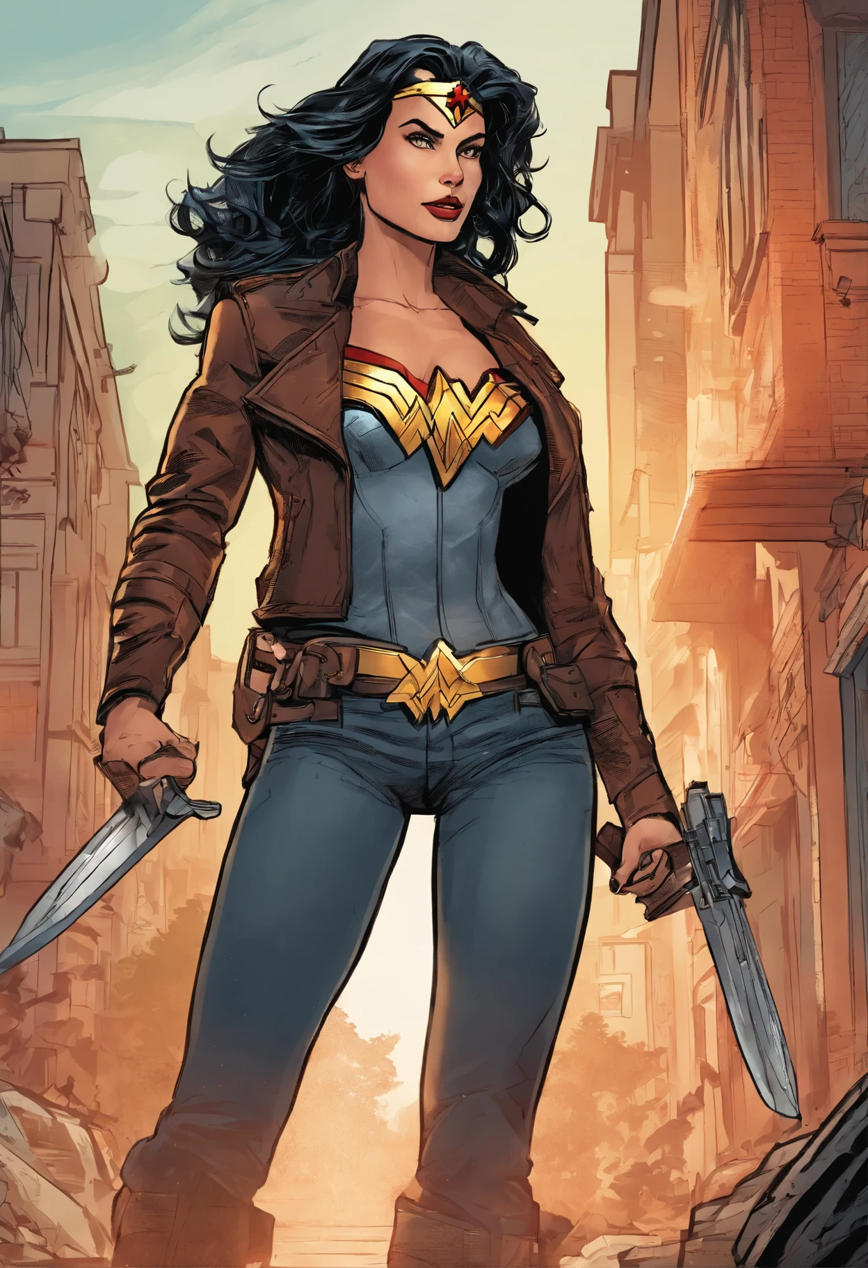 wonder woman in street clothes jeans and a long leather jacket (best quality,4k,8k,highres,masterpiece:1.2),ultra-detailed,(realistic,photorealistic,photo-realistic:1.37),anti-hero,medium length black hair,hispanic woman thief,controls blood,superhero suit,red eyes,weapons on body,illustration,gritty urban landscape,dark alley,mysterious shadows,epic background,smoke effects,vivid colors,concept artist,moody lighting,supernatural powers