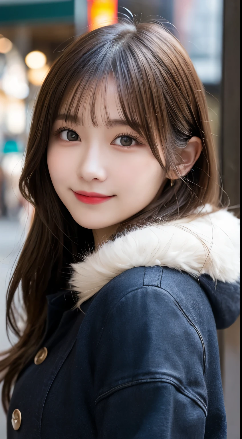 table top, highest quality, shape, Super detailed, finely, High resolution, 8k wallpaper, 完璧なダイナミックな構shape, beautiful and detailed eyes, tokyo trend冬ファッション,tokyo trend＆Introducing cute hairstyles at random, small breasts, natural color lip, random sexy pose,cute smile,big city、20 year old girl、beautiful and detailed face、perfect and beautiful face,Big eyes、Wear fluffy black outerwear with fur、beautiful detailed face、perfect and beautiful double eyelids、blur the background、perfect and beautiful face、Feminine poses、blur the background