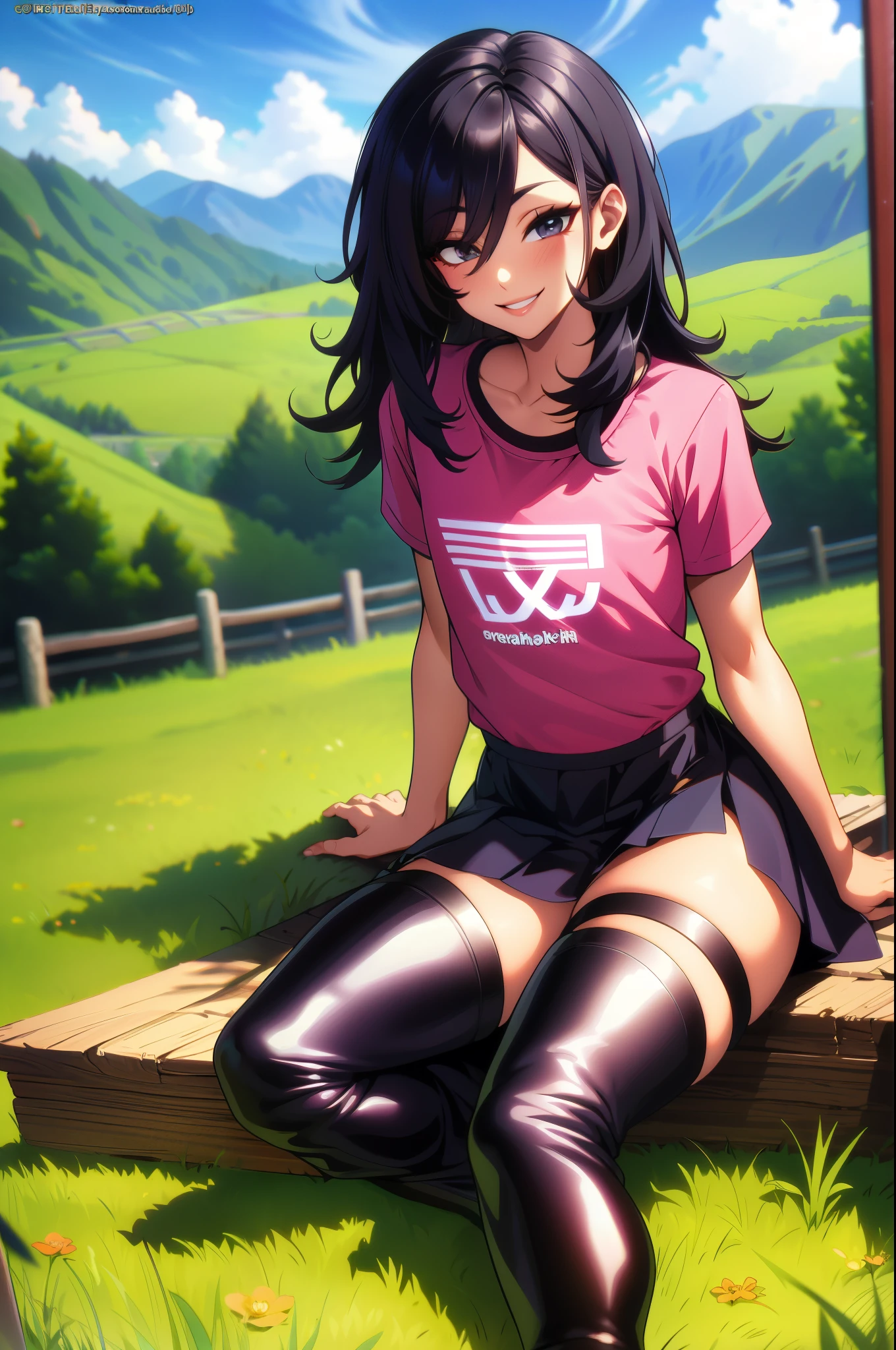 (masterpiece),(best quality),(ultra-detailed),(best illustration),(best shadow),(absurdres),(detailed background), full body shot, Asian Femboy, Cute, Slim build, Black eyes, Light skin, skirt, Long black hair with pink highlights, USA T-Shirt, high-heel boots, Smile, bulge, black eyeliner, Texas farm background, anime art style, flat chest, Sitting on the grass,