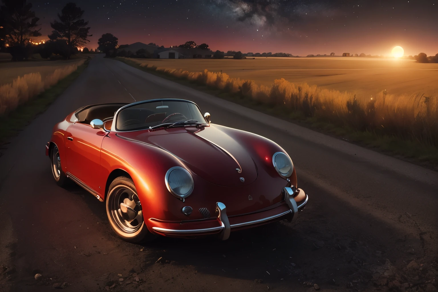 A red Porsche 356 Speedster convertible with its headlights on and on on a country road surrounded by greenery with the moon shining in the star-filled sky