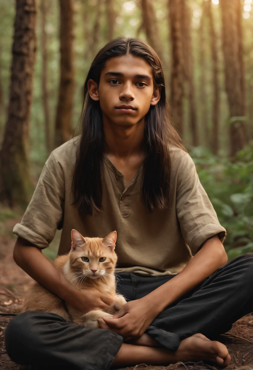 close-up view: very slim young boy, 15 y.o, thin face, morrocan, light brown skin color, black straight long hair, long hair, straight hair, barefoot, sits alone in the forest, holding a cat in his hands, warm tones, soft colors, realistic, cinematic, ultra quality
